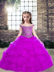 Latest Floor Length Purple Kids Pageant Dress Off The Shoulder Sleeveless Lace Up