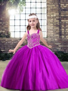 Floor Length Fuchsia Little Girls Pageant Dress Straps Sleeveless Lace Up