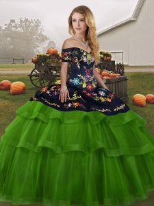 Elegant Green Sleeveless Brush Train Embroidery and Ruffled Layers 15th Birthday Dress