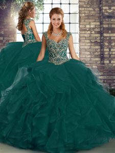 Deluxe Floor Length Ball Gowns Sleeveless Peacock Green Vestidos de Quinceanera Lace Up