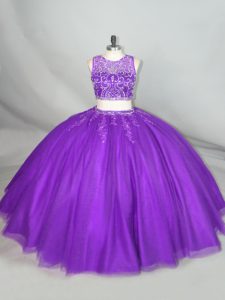 Glittering Purple Zipper Scoop Beading Ball Gown Prom Dress Tulle Sleeveless