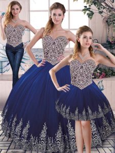 Floor Length Three Pieces Sleeveless Royal Blue Quinceanera Dress Lace Up