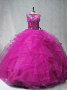 Nice Scoop Sleeveless 15th Birthday Dress Brush Train Beading and Ruffles Fuchsia Tulle