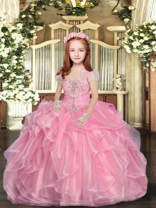 Enchanting Baby Pink Ball Gowns Organza Straps Sleeveless Beading Floor Length Lace Up Little Girls Pageant Dress Wholesale