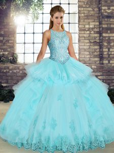 Fabulous Aqua Blue Tulle Lace Up Scoop Sleeveless Floor Length Quinceanera Gown Lace and Embroidery and Ruffles