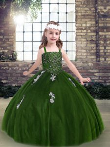 Best Green Ball Gowns Appliques Kids Pageant Dress Lace Up Tulle Sleeveless Floor Length