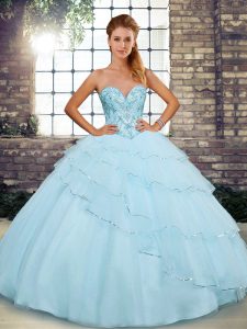 Fine Light Blue Sleeveless Beading and Ruffled Layers Lace Up Vestidos de Quinceanera