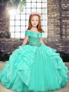 Sleeveless Floor Length Beading Lace Up Pageant Dress Toddler with Apple Green