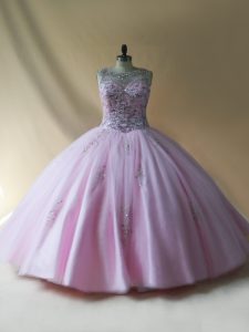 Floor Length Baby Pink Sweet 16 Quinceanera Dress Tulle Sleeveless Beading