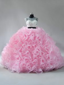 Fabric With Rolling Flowers Sleeveless Quinceanera Gowns Brush Train and Beading and Ruffles