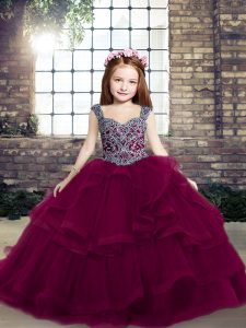 Fuchsia Ball Gowns Tulle Straps Sleeveless Beading and Ruffles Floor Length Lace Up Child Pageant Dress