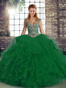 Fantastic Sleeveless Tulle Floor Length Lace Up Sweet 16 Dresses in Green with Beading and Ruffles