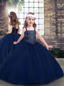 Straps Sleeveless Little Girls Pageant Gowns Floor Length Beading Navy Blue Tulle