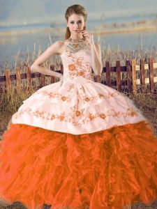 Orange and Rust Red Quinceanera Dress Organza Court Train Sleeveless Embroidery