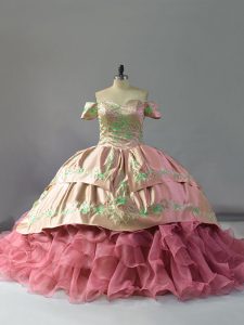 Pink Ball Gowns Embroidery and Ruffles Quinceanera Dress Lace Up Organza Sleeveless Floor Length