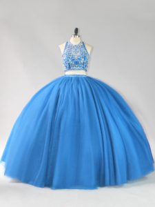 Beading 15th Birthday Dress Blue Backless Sleeveless Floor Length