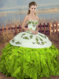 Colorful Olive Green Lace Up Sweetheart Embroidery and Ruffles and Bowknot Ball Gown Prom Dress Organza Sleeveless