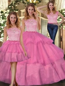 Hot Pink Zipper Scoop Lace Quinceanera Gowns Tulle Sleeveless