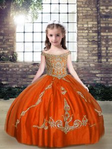 Best Orange Red Sleeveless Floor Length Beading Lace Up Little Girls Pageant Dress