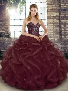 Customized Burgundy Ball Gowns Beading and Ruffles Ball Gown Prom Dress Lace Up Tulle Sleeveless Floor Length