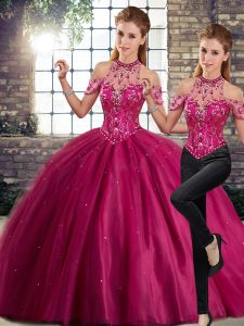 On Sale Halter Top Sleeveless Brush Train Lace Up Quinceanera Gown Fuchsia Tulle