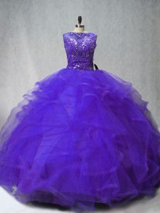 Extravagant Beading and Ruffles Sweet 16 Dresses Purple Lace Up Sleeveless Brush Train