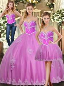 Flare Lilac Tulle Lace Up Sweet 16 Dresses Sleeveless Floor Length Beading and Appliques