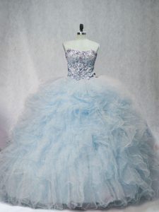 Light Blue Quinceanera Gown Sweetheart Sleeveless Brush Train Lace Up