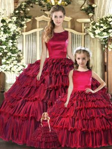 Unique Wine Red Organza Lace Up Scoop Sleeveless Floor Length Quinceanera Dresses Ruffled Layers