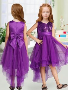 Purple A-line Sequins and Bowknot Little Girls Pageant Dress Wholesale Zipper Organza Sleeveless High Low