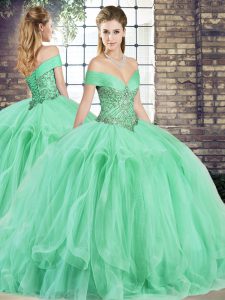 Tulle Sleeveless Floor Length Ball Gown Prom Dress and Beading and Ruffles