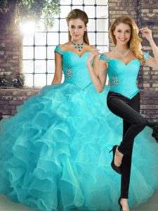 Edgy Off The Shoulder Sleeveless Lace Up Quinceanera Dresses Aqua Blue Organza