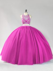 Fuchsia Tulle Backless 15 Quinceanera Dress Sleeveless Floor Length Beading