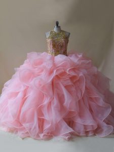 Great Baby Pink Ball Gowns Scoop Sleeveless Organza Brush Train Backless Beading and Ruffles Sweet 16 Dresses