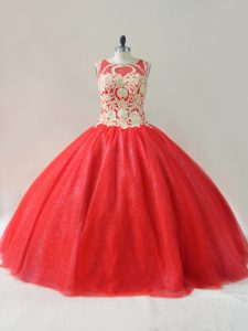 Red Lace Up Scoop Beading Quince Ball Gowns Tulle Sleeveless