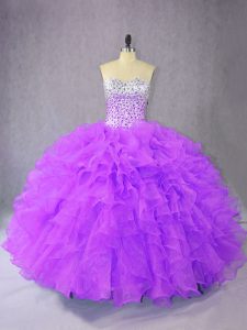 Sweetheart Sleeveless 15 Quinceanera Dress Floor Length Beading and Ruffles Purple Organza