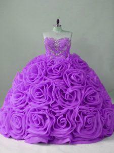 Lavender Ball Gowns Sweetheart Sleeveless Fabric With Rolling Flowers Brush Train Lace Up Beading Quinceanera Gown