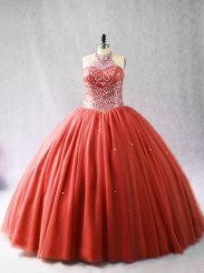 Elegant Halter Top Sleeveless Brush Train Lace Up Quinceanera Dresses Red Tulle