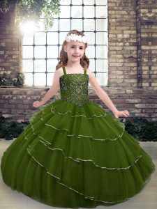 Custom Fit Olive Green Lace Up Little Girl Pageant Gowns Beading and Ruffled Layers Sleeveless Floor Length