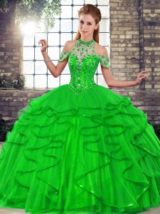 Trendy Green Ball Gowns Halter Top Sleeveless Tulle Floor Length Lace Up Beading and Ruffles Vestidos de Quinceanera