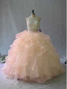 Best Peach Sleeveless Beading and Ruffles Backless Sweet 16 Quinceanera Dress