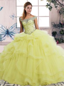 Dramatic Floor Length Yellow Quinceanera Dress Off The Shoulder Sleeveless Lace Up