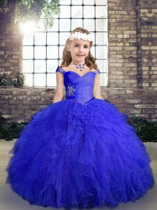 Beading and Ruffles Kids Formal Wear Blue Lace Up Sleeveless Floor Length