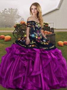 Adorable Sleeveless Floor Length Embroidery and Ruffles Lace Up Sweet 16 Dresses with Black And Purple