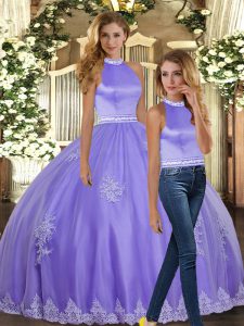 Lavender Ball Gowns Appliques Sweet 16 Dress Backless Tulle Sleeveless Floor Length