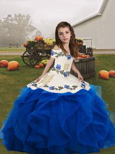 Fantastic Organza Straps Sleeveless Lace Up Embroidery and Ruffles Little Girls Pageant Dress Wholesale in Blue