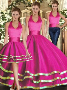 Dynamic Floor Length Fuchsia Ball Gown Prom Dress Halter Top Sleeveless Lace Up