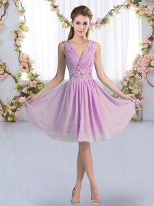 Knee Length Zipper Quinceanera Dama Dress Lavender for Wedding Party with Beading