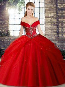 Off The Shoulder Sleeveless Tulle Ball Gown Prom Dress Beading and Pick Ups Brush Train Lace Up