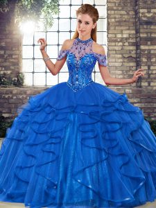 Pretty Royal Blue Quinceanera Dress Military Ball and Sweet 16 and Quinceanera with Beading and Ruffles Halter Top Sleeveless Lace Up